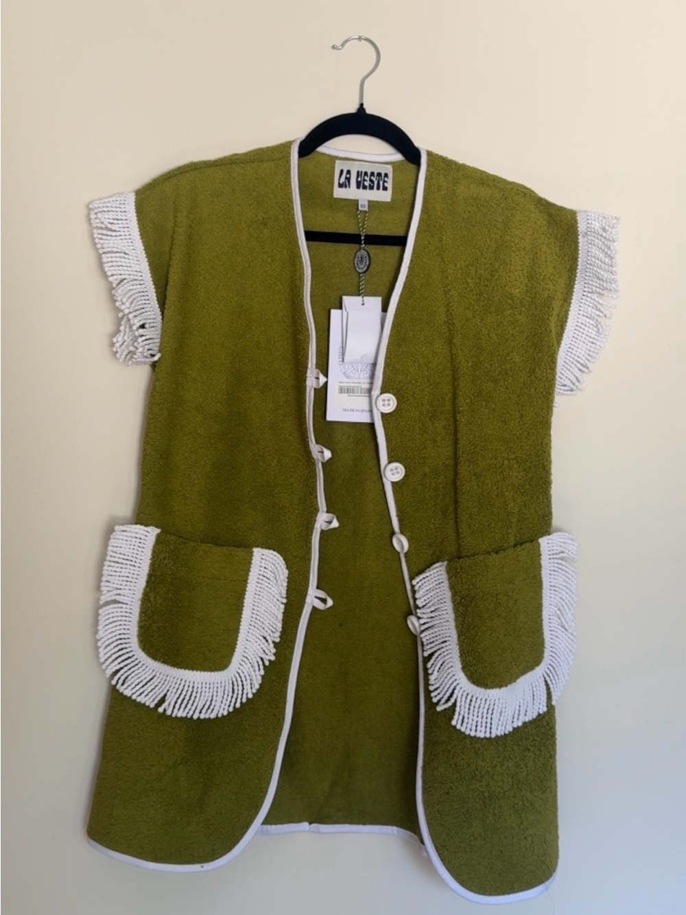 Olive Green Mini Dress with White Fringe Sleeves - Picture 4 of 7